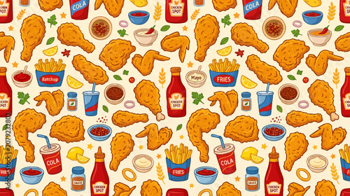 Seamless fried chicken vector background with crispy chicken pieces, drumsticks, wings, and fast food elements,