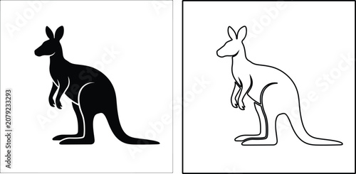 Kangaroo silhouette and outline vector icons in simple flat design on white background for Australian travel branding