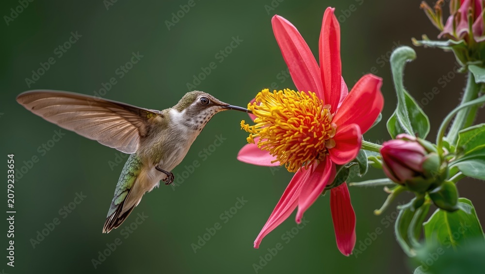 Fototapeta premium Hummingbird hovering near vibrant red flower