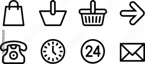 Shopping bag basket arrow telephone clock twenty four and envelope thin line outline icons set for online retail customer support.