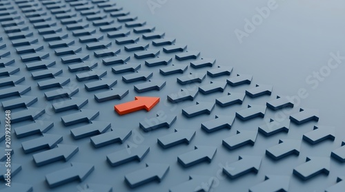 Bright orange arrow moving forward among a crowd of grey arrows