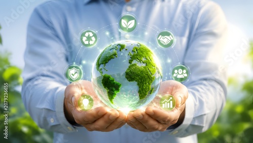 Sustainable development concept with green globe in hands representing ESG renewable energy circular economy environmental protection climate action and responsible business