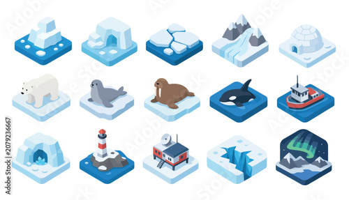 Canvastavla Iceberg ocean animals 3D icons.
