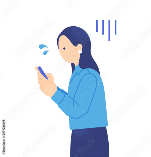 スマートフォンを両手で持ち気持ちが沈んでいる女性 ビジネスウーマンの不安な表情のイラスト素材
