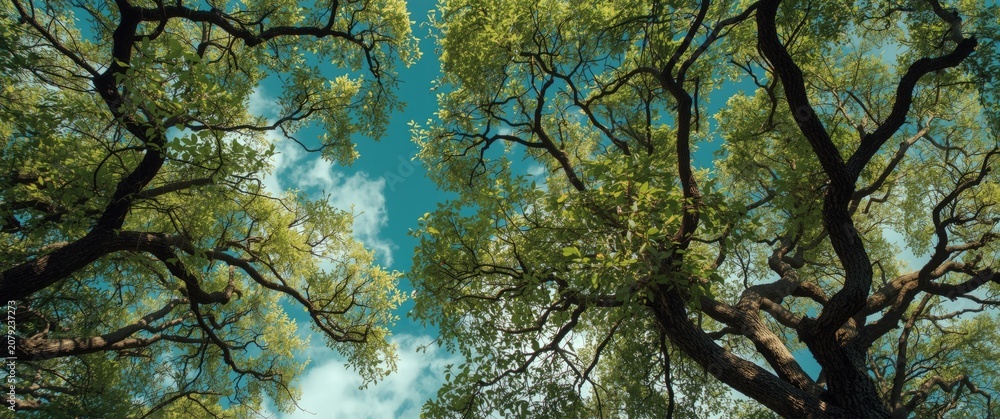 Fototapeta premium Wide view of lush tree branches featuring a clear cerulean backdrop