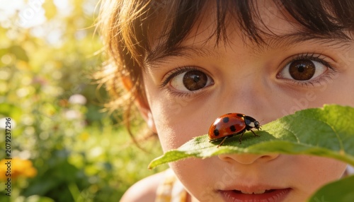 Close up of a curious child looking at a ladybug on a green leaf. Young girl exploring nature in a sunlit garden. International Children's Day concept. Macro portrait of childhood discovery