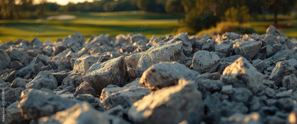 Fototapeta premium Industrial uses of explosion fractured white rock for landscaping and golf