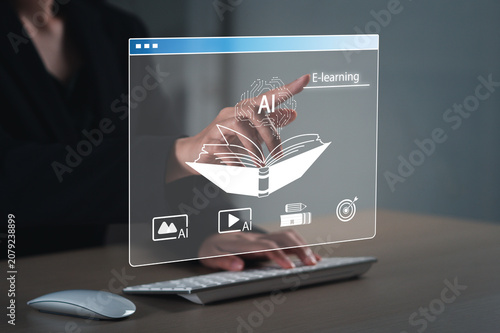 A woman holds a light bulb in her hand for learning using artificial intelligence (AI), educational tools, video-based instruction, digital courses, internet lessons, and the concept of e-learning.