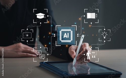A woman holds a light bulb in her hand for learning using artificial intelligence (AI), educational tools, video-based instruction, digital courses, internet lessons, and the concept of e-learning.