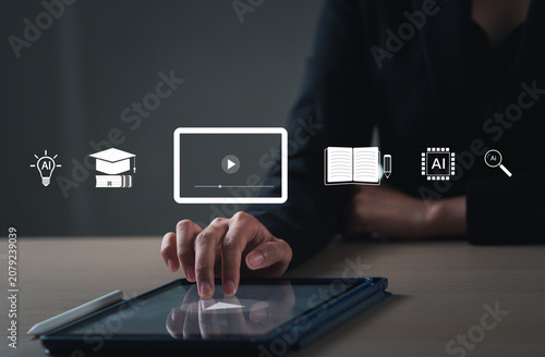 A woman holds a light bulb in her hand for learning using artificial intelligence (AI), educational tools, video-based instruction, digital courses, internet lessons, and the concept of e-learning.