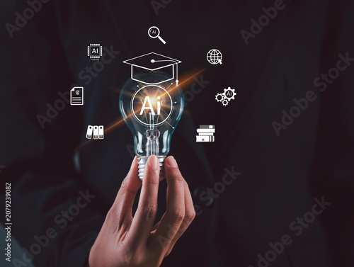 A woman holds a light bulb in her hand for learning using artificial intelligence (AI), educational tools, video-based instruction, digital courses, internet lessons, and the concept of e-learning.