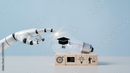 Wooden blocks with light bulbs, artificial intelligence (AI) learning, educational tools, video-based instruction, digital courses, online lessons, e-learning concepts.