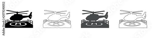 Foto Helicopter landing pad icon with H symbol and safety barriers in four styles