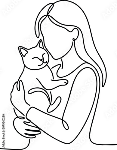 Continuous line drawing of a woman gently holding her cat a minimalist illustration symbolizing pet love and companionship