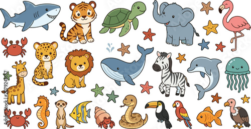 Photography Cute cartoon wild and sea animals vector sticker set with lion tiger elephant wh