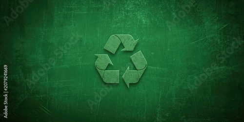 Green recycle icon against rough texture background with sustainability related symbols and blank text space