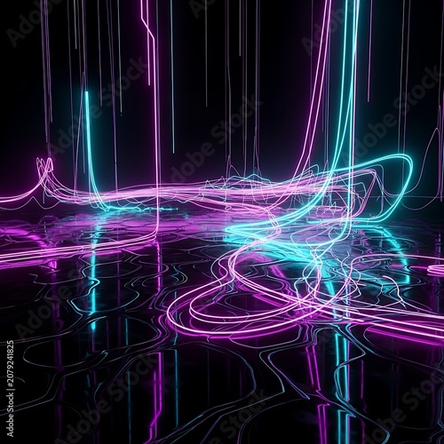 Vibrant Neon Light Trails Glowing on Reflective Dark Surface