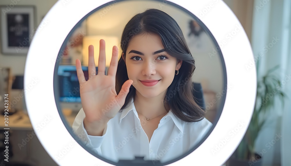 Fototapeta premium Woman waving through a video call in a home office