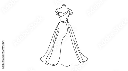 Fotografie Elegant wedding dress illustration, continuous line art, bridal gown sketch on white background