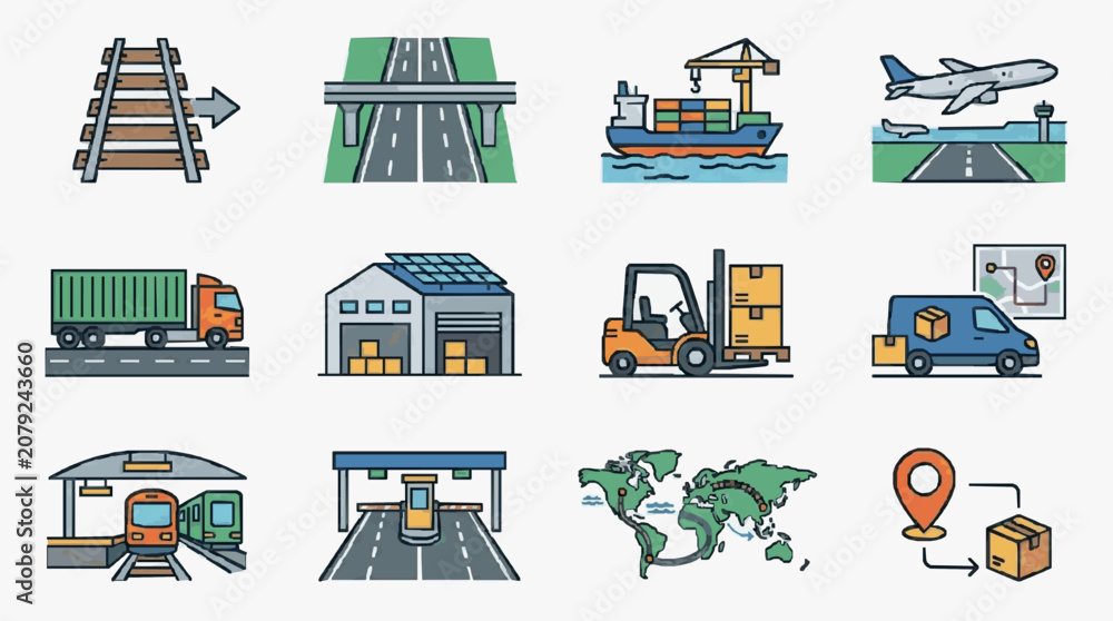 Fototapeta premium Global Logistics and Supply Chain Icons.