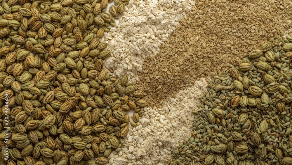 Obraz premium Various spices and grains arranged on a surface
