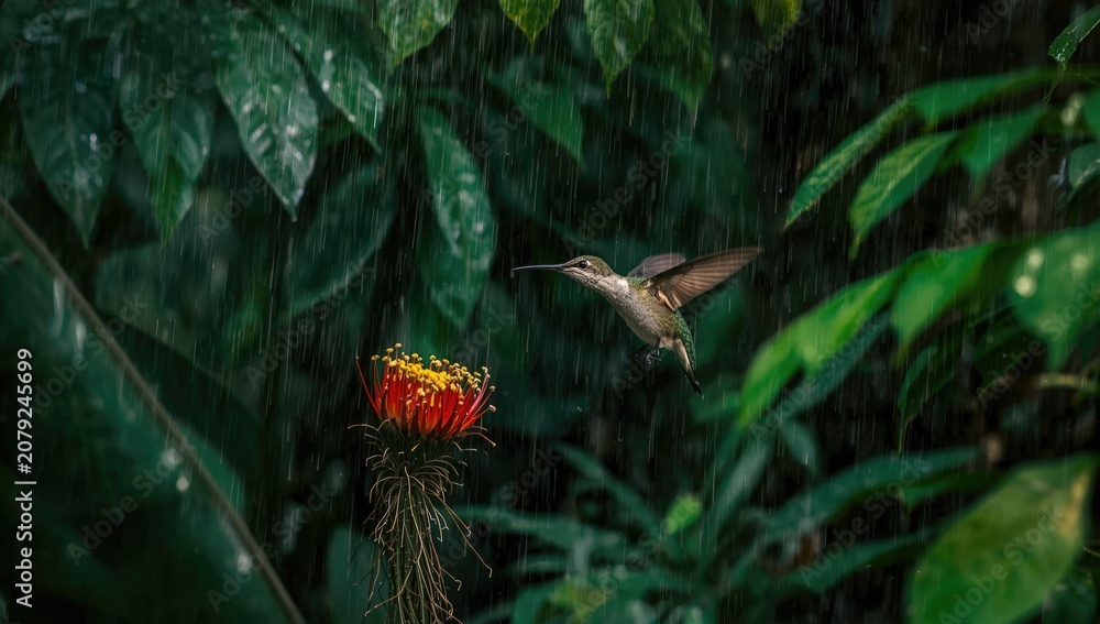 Fototapeta premium Hummingbird hovering near a vibrant flower in the rain