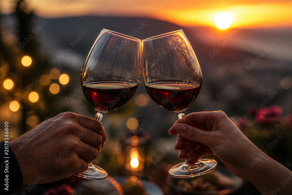 Fototapeta premium Two hands holding wine glasses filled with red wine against a backdrop of a sunset over rolling hills.