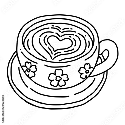 Pink Cup of Matcha Latte Art Coloring Page Illustration