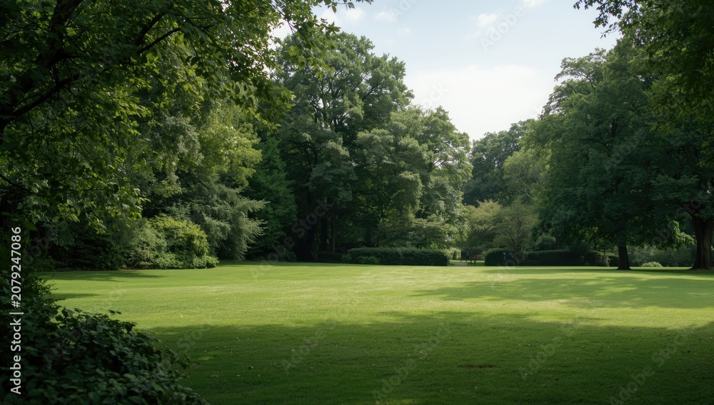 Obraz premium Lush green lawn surrounded by trees in sunlight