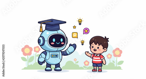 Cute Robot Teacher and Student Learning Together.