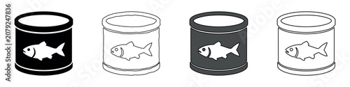 Four stylized icons of canned fish in different graphic styles and colors