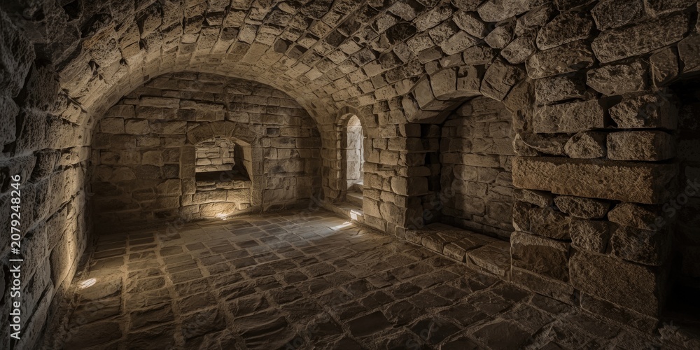Obraz premium Stone interior of an ancient dungeon with arched ceilings