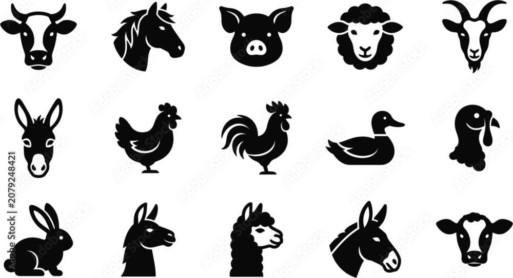Obraz premium Farm Animal Silhouette Vector Icon Set Featuring Livestock Heads Domestic Species and Rural Agriculture Symbols for Branding Design
