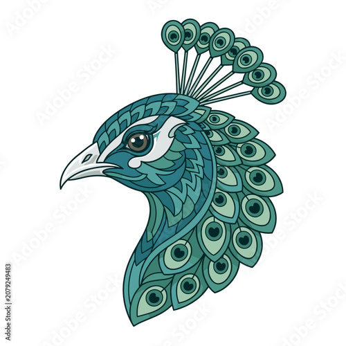 Ornate peacock head illustration with teal paisley and pattern details