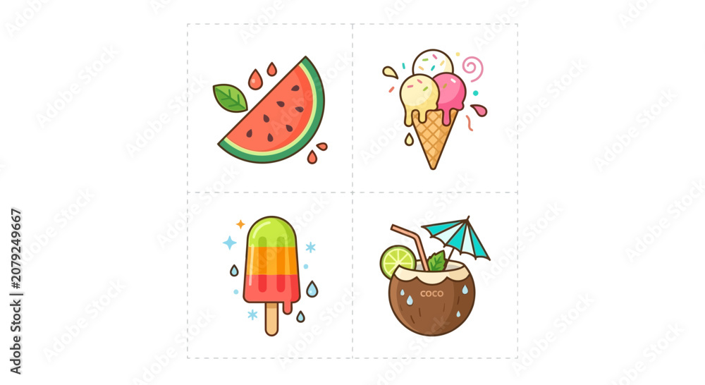 Fototapeta premium Summer treats set featuring watermelon ice cream and coconut drink