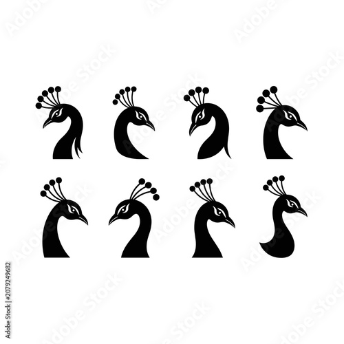 Collection of simplified black peacock head silhouettes in different poses