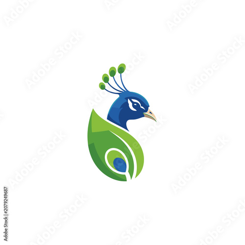 Eco friendly green leaf peacock logo representing nature and growth