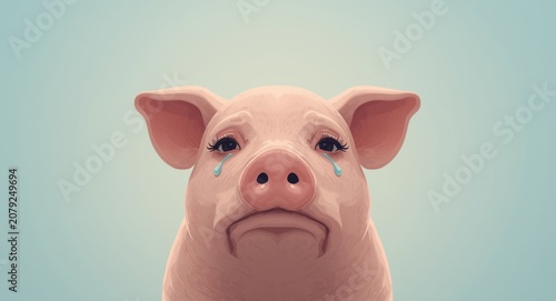 Illustration of a sad pig with tears in simple flat colors