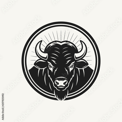 Buffalo head mascot logo in circular emblem with sunburst background
