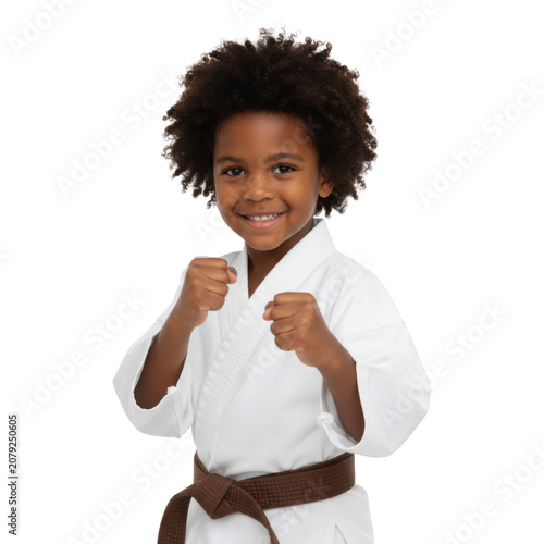 Young black child with curly hair wearing a white karate gi and brown belt in a martial arts stance against a white studio background empowerment atmosphere