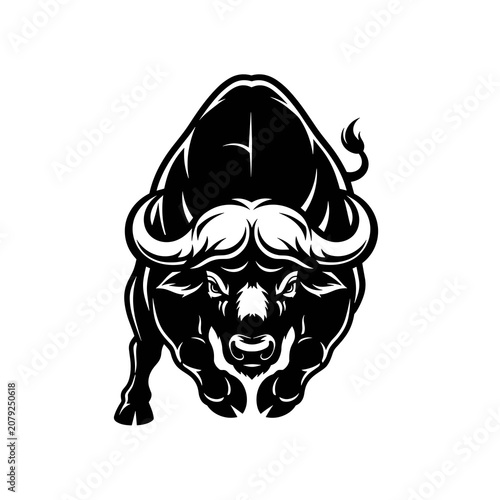 Aggressive buffalo mascot logo with detailed fur and sharp horns