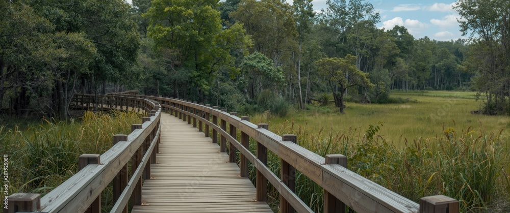 Fototapeta premium Wildlife sanctuary featuring a tranquil wooden boardwalk with natural views