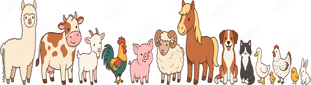 Obraz premium Cute farm animal vector illustration set with horse cow alpaca pig dog cat sheep and chicken for kids design