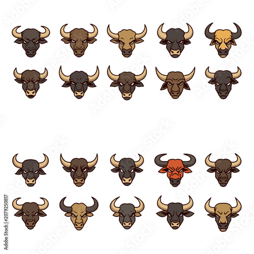 Collection of various colorful buffalo head icons and logos