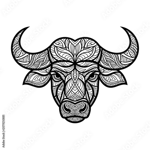 Intricate mandala buffalo head design with tribal patterns