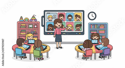 Teacher and students in a hybrid learning classroom with a large screen displaying remote students.