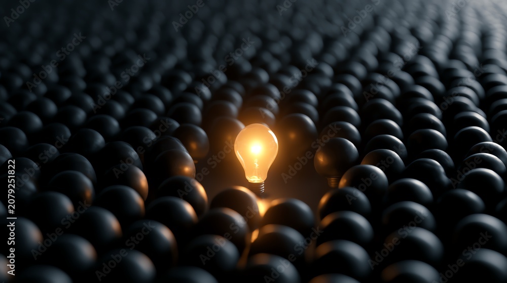 Fototapeta premium A glowing light bulb among dark spheres.