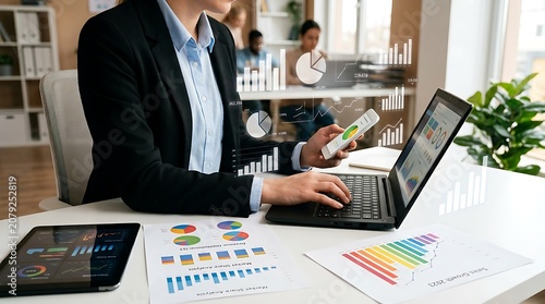 Business woman working with financial charts in modern office