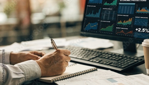 Professional Economist Analyzing Economic Data on Computer Screen