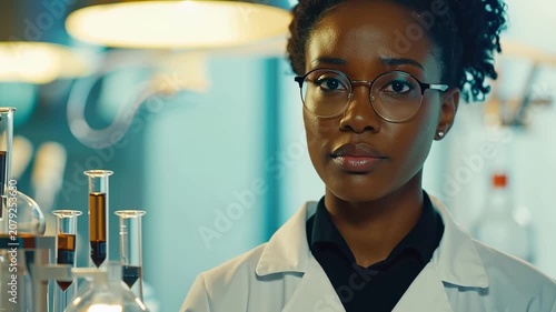 Professional young African American female researcher in white lab coat and eyewear looking at camera in modern laboratory environment with glass test tube